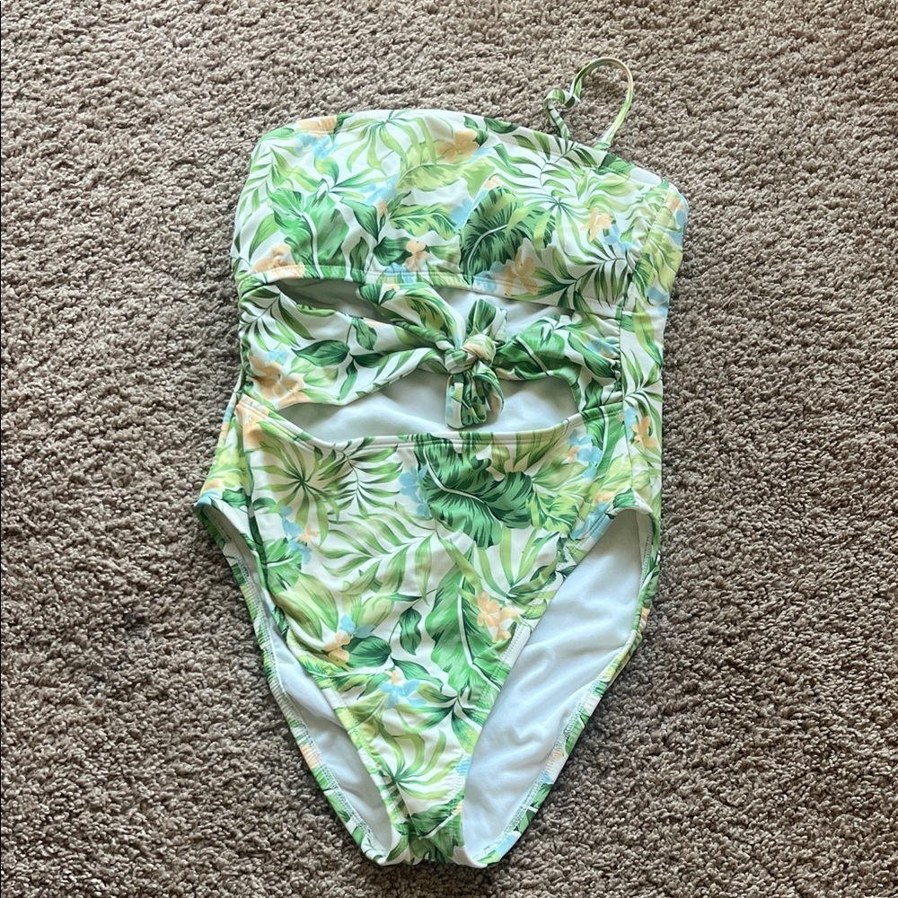 Green Tropical One-Piece Swimsuit with Leaf Print -Size Medium